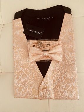 Barry.Wang Pale Pink Paisley Vest, Bow Tie,  Cuff Links & Pocket square Set